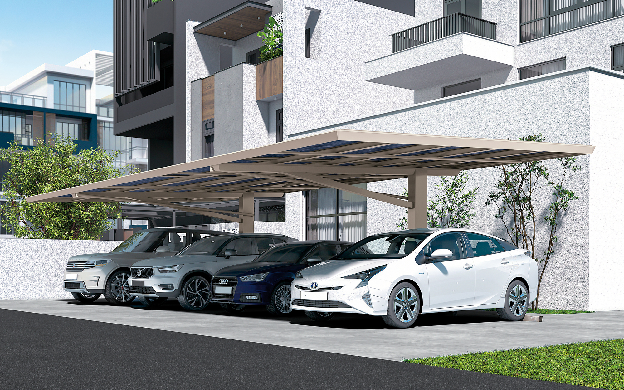 4台駐車分の屋根を柱2本で支える独自の構造